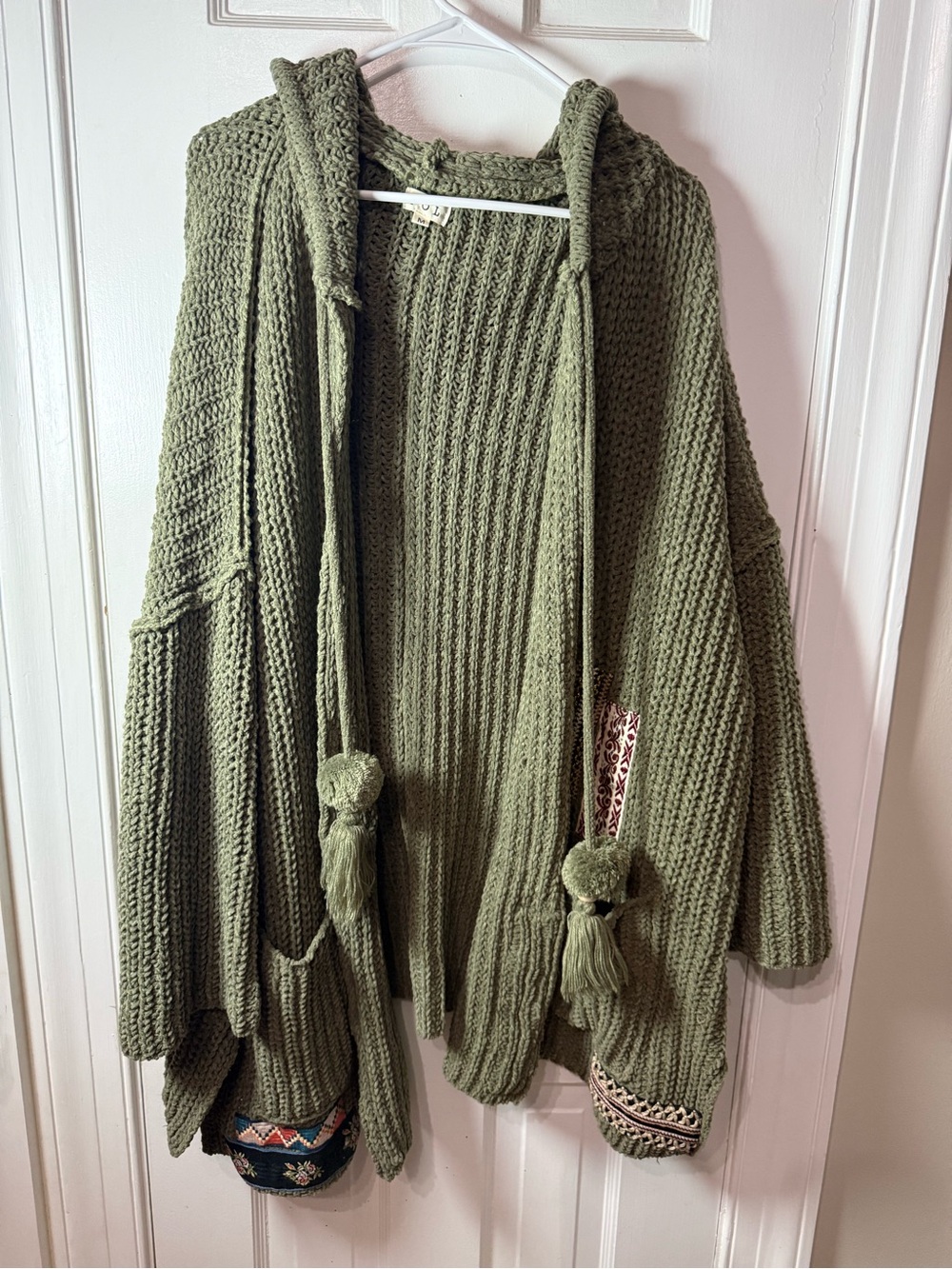 POL Olive Hooded Knit Cardigan with Tassel Accents